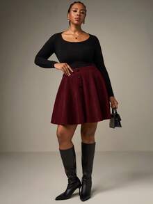 SHEIN Tall CURVE 大码纯色前扣简约A字裙，休闲日常穿着 - 酒紅色 - 查看 8