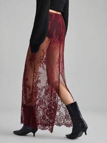 Ontre 2026春夏新款酒红色蕾丝薄纱半身裙，百搭实用，适合都市通勤、商务、休闲、办公、教师、优雅场合、派对、婚礼宾客等各种场合。 - 酒紅色 - 查看 3