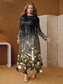 Anewsta 优雅的圣诞节和万圣节连衣裙，时尚经典魅力渐变奢华金色亮片高端优雅加大码女士长裙，秋冬派对礼服 - 黑色 - 查看 5