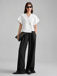 Ontre 2026春夏V领收腰宽松商务休闲沙滩生日派对休闲都市简约时尚通勤单扣蝙蝠袖时尚衬衫 - 白色 - 查看 2