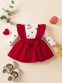 Bộ đồ liền thân dệt kim 2 trong 1 họa tiết trái tim viền bèo nhún dễ thương và thanh lịch cho bé gái sơ sinh - Đỏ - Xem 9