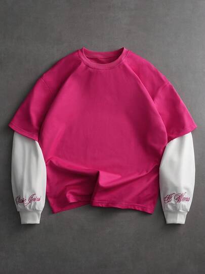 PAVTROS 男士街头风刺绣撞色拼接长袖T恤