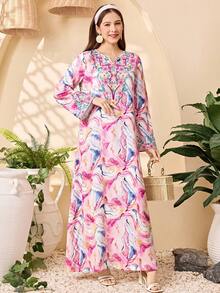 SHEIN 少女休闲度假碎花V领长袖连衣裙 - 彩色 - 查看 5