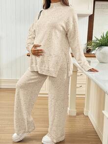 SHEIN Maternity Casual Warm Side Slit Dropped Shoulder Sweater And Pants Set, Autumn/Winter