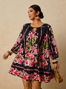 Travachic 大码女式黑米色复古印花连衣裙，七分袖复古印花连衣裙，秋季连衣裙，大码碎花连衣裙，波西米亚风连衣裙，大码束腰连衣裙，刺绣连衣裙，大码休闲连衣裙，碎花连衣裙，黑色连衣裙，情人节女装 - 黑色 - 查看 5