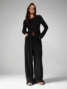 MISSGUIDED Conjunto de dos piezas de toque suave con top corto de manga larga y pantalones de pierna ancha, conjunto informal a juego para otoño e invierno - Negro - Ver 3