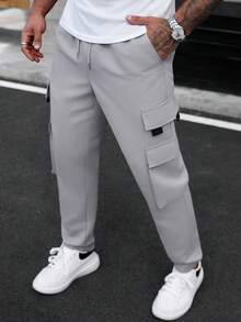 Manfinity CasualCool 男士休闲时尚街头日常通勤简约百搭纯色抽绳腰带翻盖口袋工装裤 - 淺灰色 - 查看 4