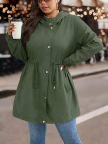 EMERY ROSE 大码女式纯色蝴蝶结腰部抽绳连帽衫，保暖加厚休闲宽松优雅套头衫 - 軍綠色 - 查看 5