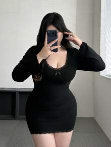 Vibekara 大码蕾丝边性感紧身连衣裙，收腰设计，秋冬款