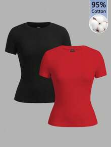 Tseoso 两件装黑色和红色休闲简约圆领短袖基础款T恤，适合春夏穿着 - 彩色 - 查看 10