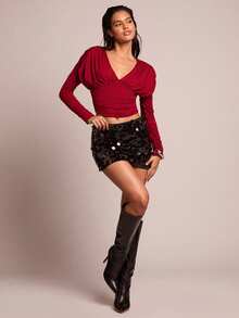 Glamine Women's Sexy Ruched V-Neck Long Sleeve Fitted Cropped Long Sleeve T-Shirt - Burgundy - View 7