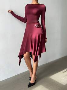 Aloruh Women's Burgundy Autumn Chic Dinner Date Y2K Suit, Elegant Round Neck Top & Metal Buckle Asymmetric Hem Umbrella Skirt, Fashionable Set - Olive Green - View 5