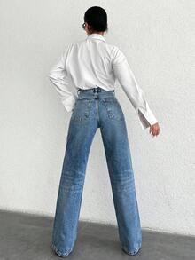 EURMUSE Jeans For Women Plus High Waist Snow Wash Straight Jean - Medium Wash - View 2