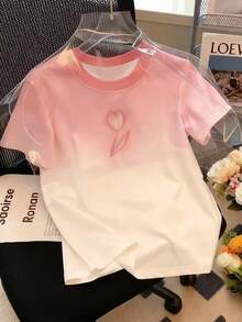 Resyla 女士圆领郁金香和花卉渐变印花短袖T恤，夏季 - 彩色 - 查看 1