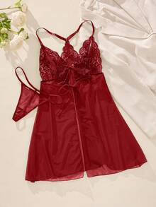 两件套蕾丝撞色网纱性感内衣套装：睡裙+丁字裤，情人节礼物 - 酒紅色 - 查看 3