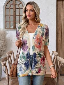 EMERY ROSE Áo khoác cardigan cổ tròn nhẹ họa tiết tie-dye nghệ thuật cổ điển mới dành cho nữ, hợp thời trang cho mùa xuân/hè - Màu be - Xem 5