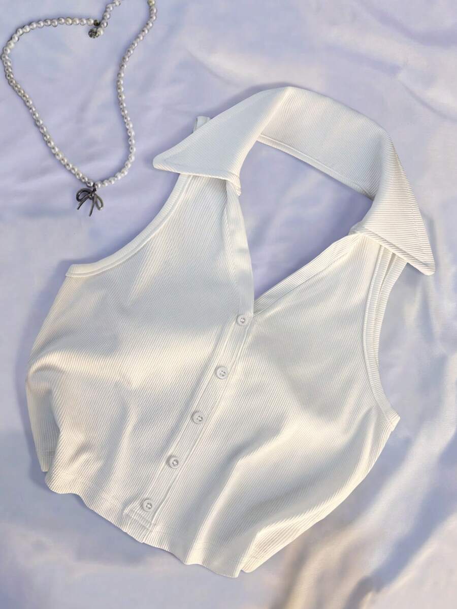 SHEIN 女士时尚休闲街头风 Polo 领翻领修身露背 V 领无袖上衣 - 白色 - 查看 1