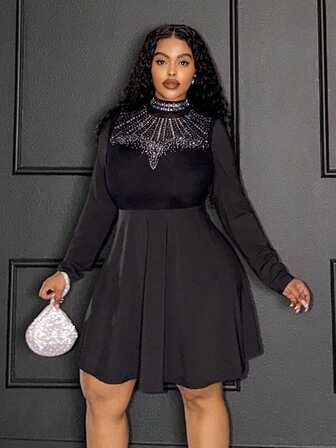 Slaydiva Elegant, skimrande, strass-framsida, transparent, långärmad, svart klänning med polotröja och polotröja för kvinnor