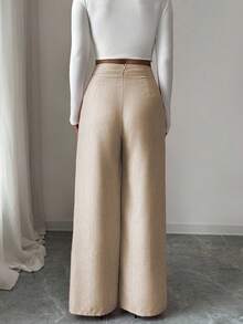 Elenzga Women's Bamboo Fabric Waist Front Overlay Buckle Design Elegant Teacher Uniform Professional Casual Pants, Thanksgiving, Halloween Essential Versatile Loose Flowy Straight Leg Pants - Khaki - View 2