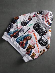 PAVTROS Męska bluza z kapturem i nadrukiem Letter & Saint o luźnym kroju - Biały - Zobacz 3