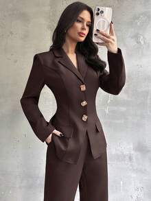 Firerie 女式优雅复古钱币图案西装外套和修身喇叭裤套装