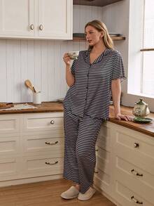 Doze Lane Ensemble cardigan et pantalon à manches longues, imprimé rayé, ample et décontracté, avec col châle, pour femmes grandes tailles - Noir - Voir 3