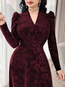Modelyn Elegant Velvet Embossed Long Dress, Velvet Tea-Length Dress For Women New Year's Outfit For Women  Elegant Dresses For Women Red Dress Women Wine Dress Long Sleeve Elegant Dress Marroon Dress - Burgundy - View 7