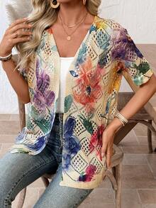 EMERY ROSE Áo khoác cardigan cổ tròn nhẹ họa tiết tie-dye nghệ thuật cổ điển mới dành cho nữ, hợp thời trang cho mùa xuân/hè - Màu be - Xem 6