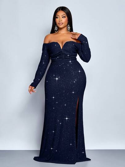 SOLERSUN 大码女士时尚优雅V领露肩鱼尾鸡尾酒会夜店紧身性感连衣裙，适合度假、约会、秋冬季节穿着，露肩长袖直筒V领，胸前褶皱，腰部设计，臀部曲线，长款连衣裙，藏蓝色连衣裙，奢华晚礼服，闪亮连衣裙，派对礼服，2026新年款