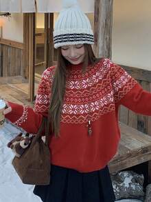 DAZY Suéter de punto jacquard con cuello redondo, estilo holgado retro y suave - Rojo - Ver 9