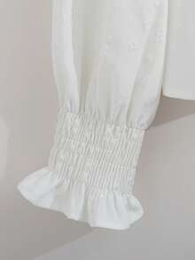 GlowEve 法式优雅宽松长袖衬衫，白色提花立领荷叶边上衣，百搭休闲女装外套 - 白色 - 查看 5