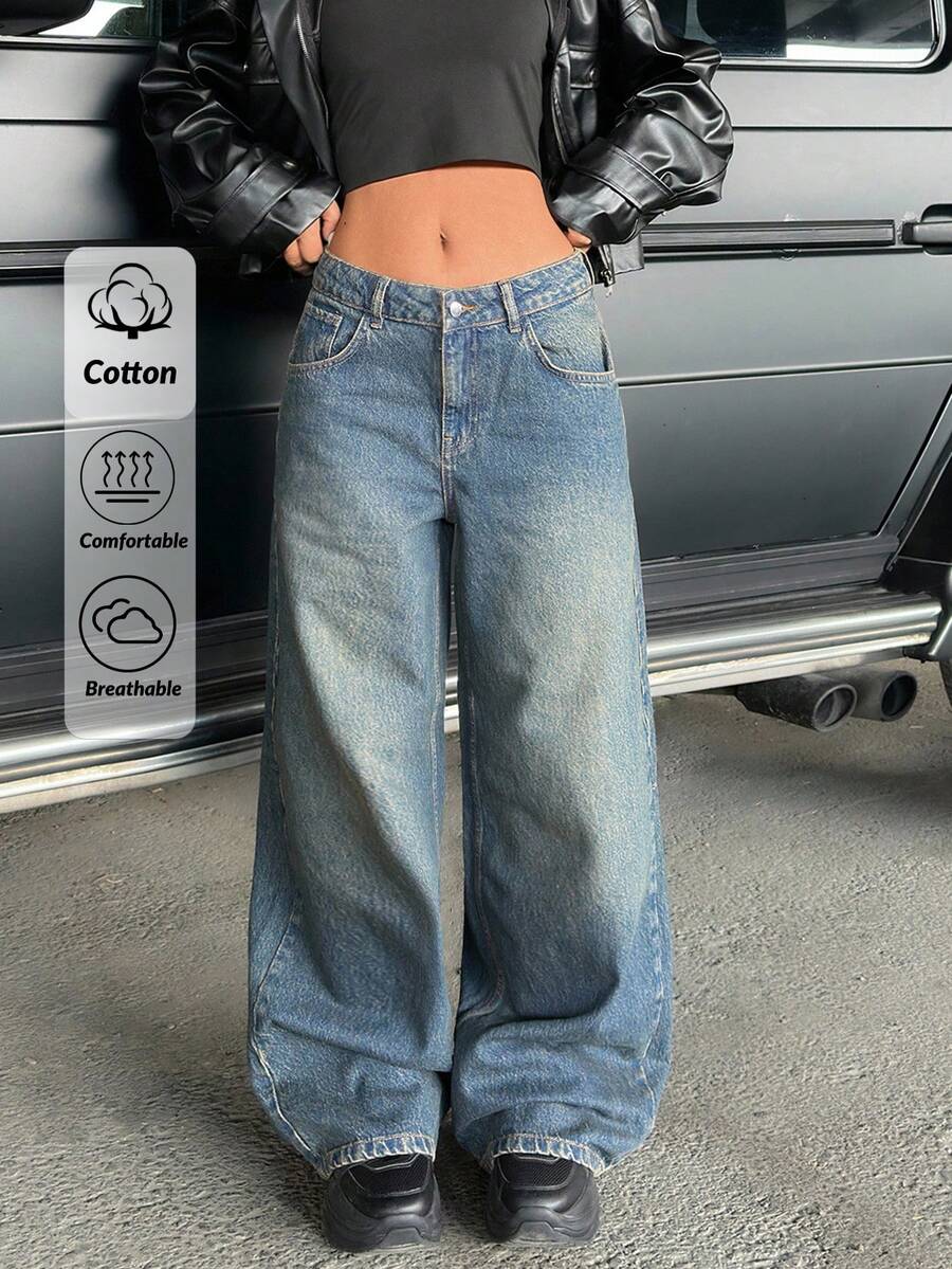 CasuGlow 低腰 Y2K 斜口袋洗水阔腿牛仔裤