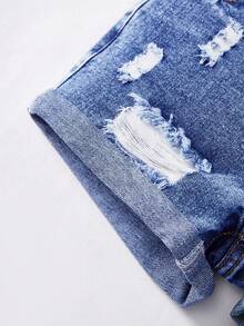 SHEIN Young Girl' Casual Versatile Wide Leg Loose Distressed Cuffed Denim Shorts - Medium Wash - View 6