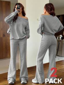 SHEIN EZwear 女士春夏基础款针织纯色灰色宽松露肩不对称领长袖卫衣和喇叭裤运动套装，两件套