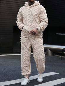 Manfinity CasualCool Men's Casual Plush Hoodie Set, Autumn/Winter Mens Knitted Set Mens Co Ord Set Cream Outfit Men Mens Fleece Set Men 2 Piece Set - Apricot - View 6