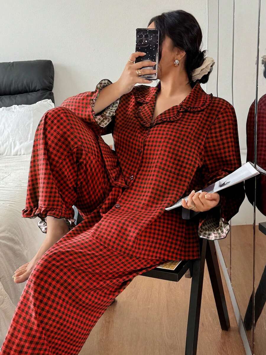 Plus Size Plaid Lapel Pajama Set - Multicolor - View 1
