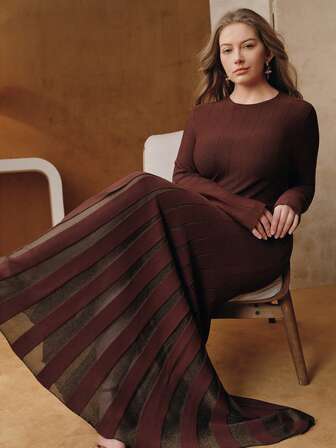 Anewsta Büyük Beden Kadın Sonbahar/Kış Yeni Kırmızı-Kahverengi Yuvarlak Yakalı Vücuda Oturan Balık Kuyruğu Maxi Elbise, Noel ve Yılbaşı İçin Uygun