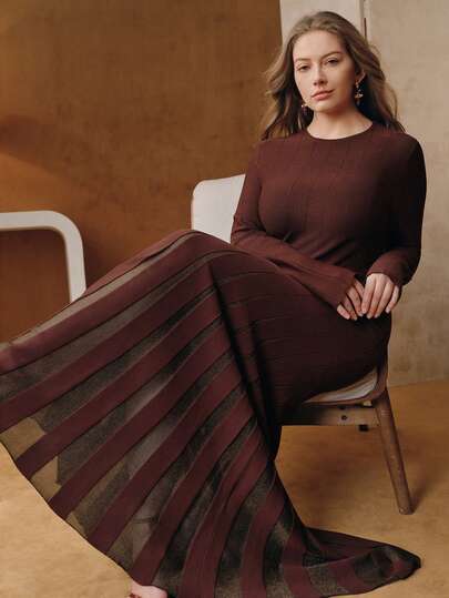 Anewsta Plus Size Women's Autumn/Winter New Red-Brown Round Neck Fitted Bodycon Maxi Fish Tail Dress, Suitable For Christmas And New Year