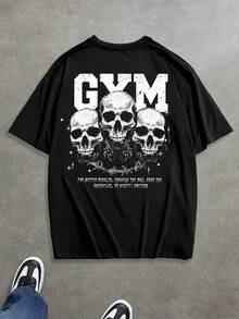 GymBeat 男士休闲字母和骷髅印花短袖运动T恤，夏季万圣节派对 - 黑色 - 查看 2