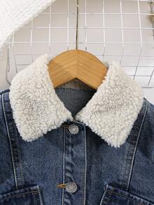Elladie kids 1 件女童牛仔夹克，休闲时尚可爱中长腰收腰蓝色水洗牛仔夹克，带仿毛领装饰，适合秋冬日常外出 - 中等水洗藍 - 查看 4
