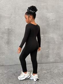 Mono básico de deporte casual de cuello redondo para niña joven - Negro - Ver 2