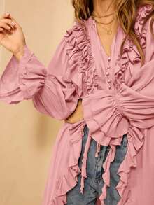 Aralina 冬季长袖荷叶边前开襟长款波西米亚风开衫连衣裙 - 淺粉色 - 查看 5