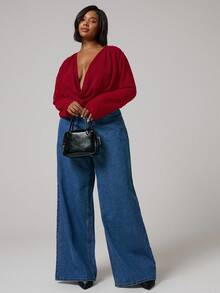 MUSERA Plus Size Cowl Neck Plunge Long Sleeve Chiffon Cropped Top Going Out Spring Summer Holiday - Red - View 5