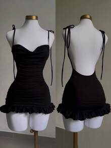 SHEIN PETITE Fitted Sexy Backless Tie-Up Ruffle Hem Women's Mini Dress