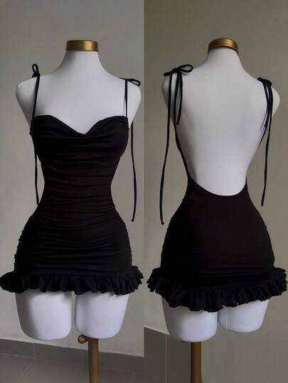 SHEIN PETITE Vestido mini ajustado y sexy para mujer con espalda descubierta, lazo y volantes en el bajo