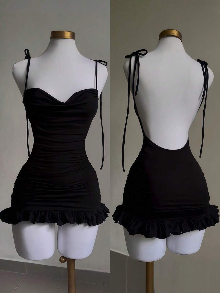 SHEIN PETITE Fitted Sexy Backless Tie-Up Ruffle Hem Women's Mini Dress