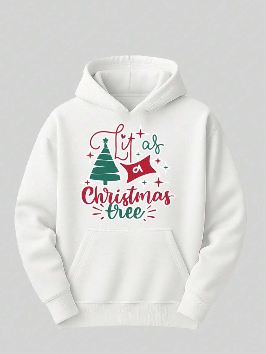 Sudadera Navideña, Christmas Tree con capucha y bolso cangurera Lisa con estampado de calidad con diseño navideño hecha con poliester - Blanco - Ver 1