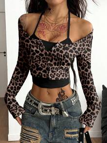 Coolane 休闲简约朋克街头系带二合一豹纹印花女式长袖T恤,适合秋冬季节,复古风、休闲度假风、性感风、可爱风、Y2K椰子女孩风、波西米亚风、度假风、春假风、早午餐风、浅蓝色、闺蜜旅行风、霓虹海滩风、波西米亚风、嬉皮风、音乐节风,夏季也适合穿着。 - 彩色 - 查看 4