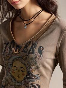 Easelle 女士V领蝴蝶印花时尚百搭喇叭袖T恤 - 咖啡棕 - 查看 8