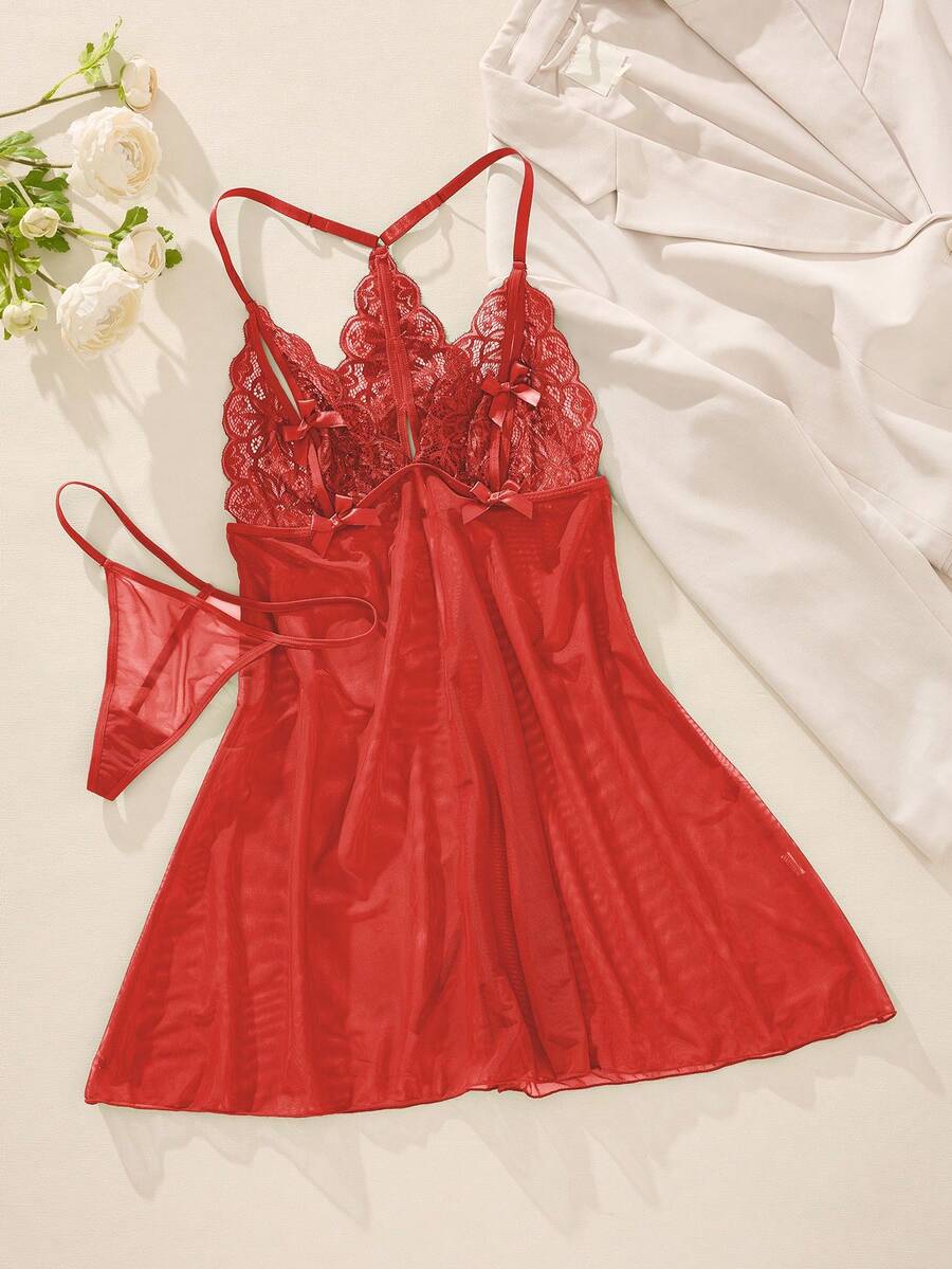 SHEIN 经典性感两件套女士蕾丝撞色网纱露背性感睡衣+G字型内衣套装 - 紅色 - 查看 1